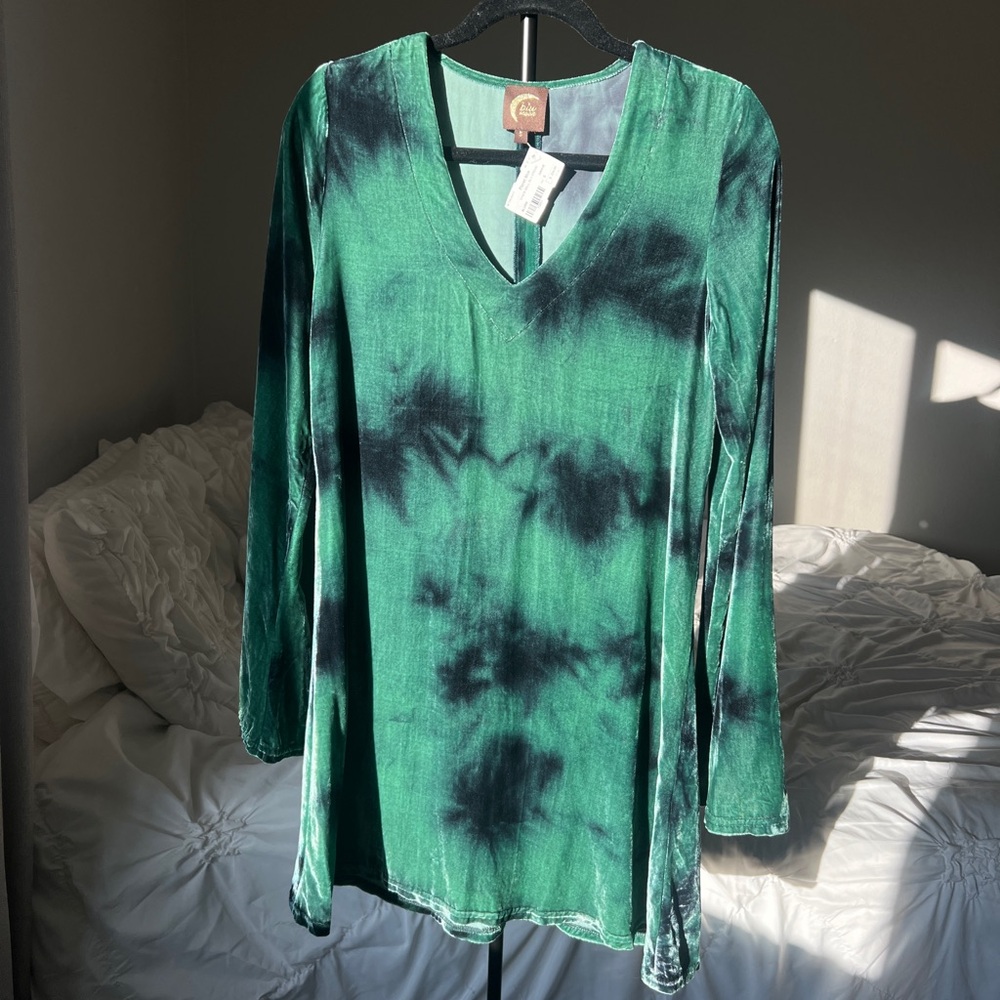 Planet Blue Green Velvet Boho Tie Dye Bell Sleeve Dress - Size S